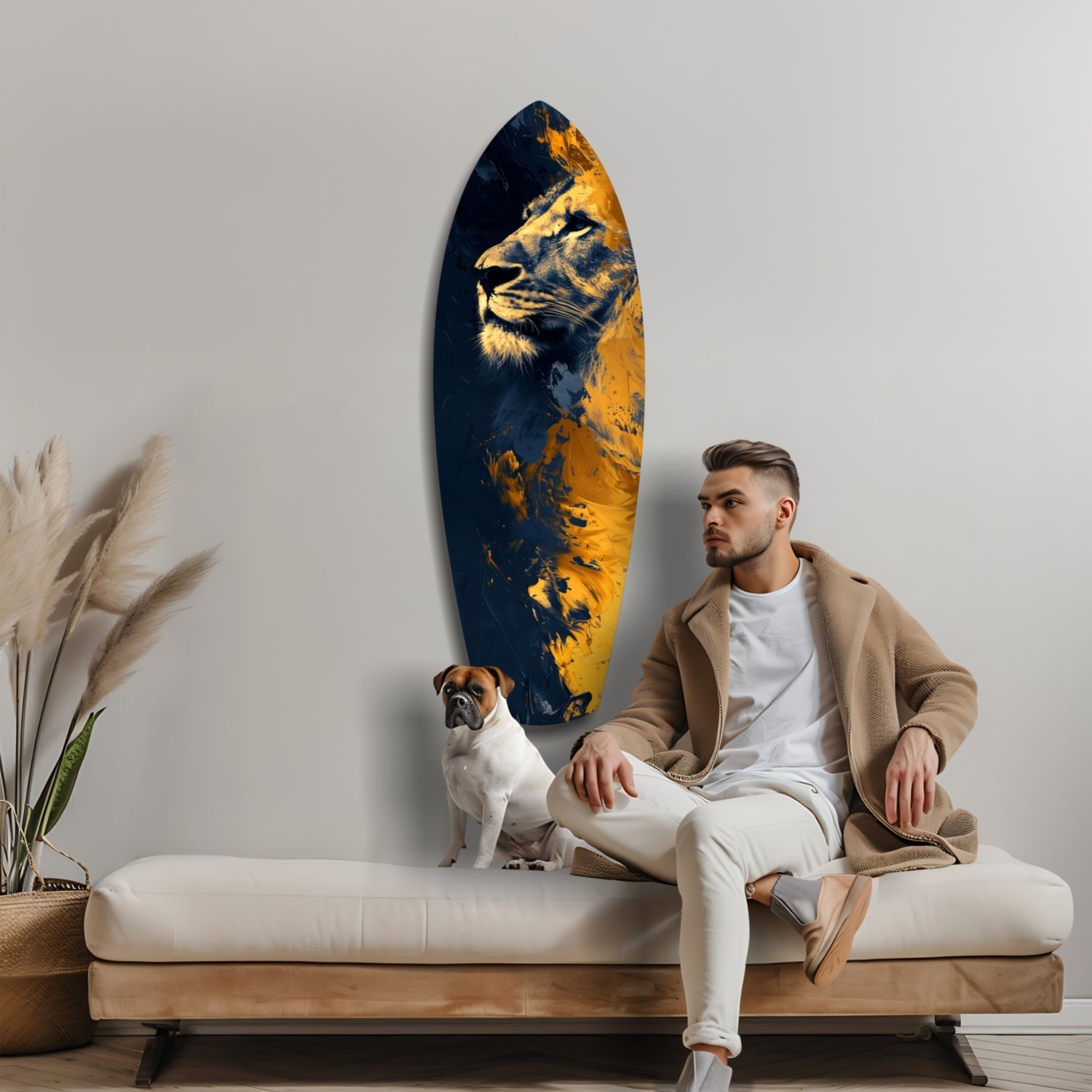 Man and dog sitting on cream sofa beneath oval glass wall art featuring gold and navy lion portrait.