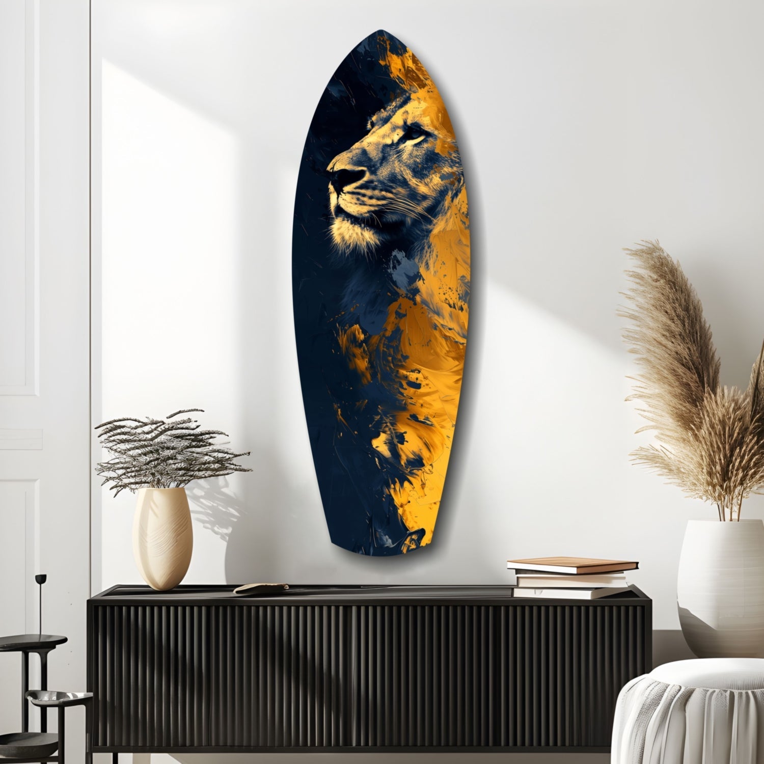 Lion Pride V1 glass wall art featuring a gold and navy blue lion head portrait mounted above a black console table in a minimalist interior.