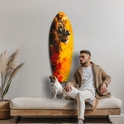 Man seated on bench beside boxer dog, viewing yellow and red glass wall art featuring lion's profile against gray wall.