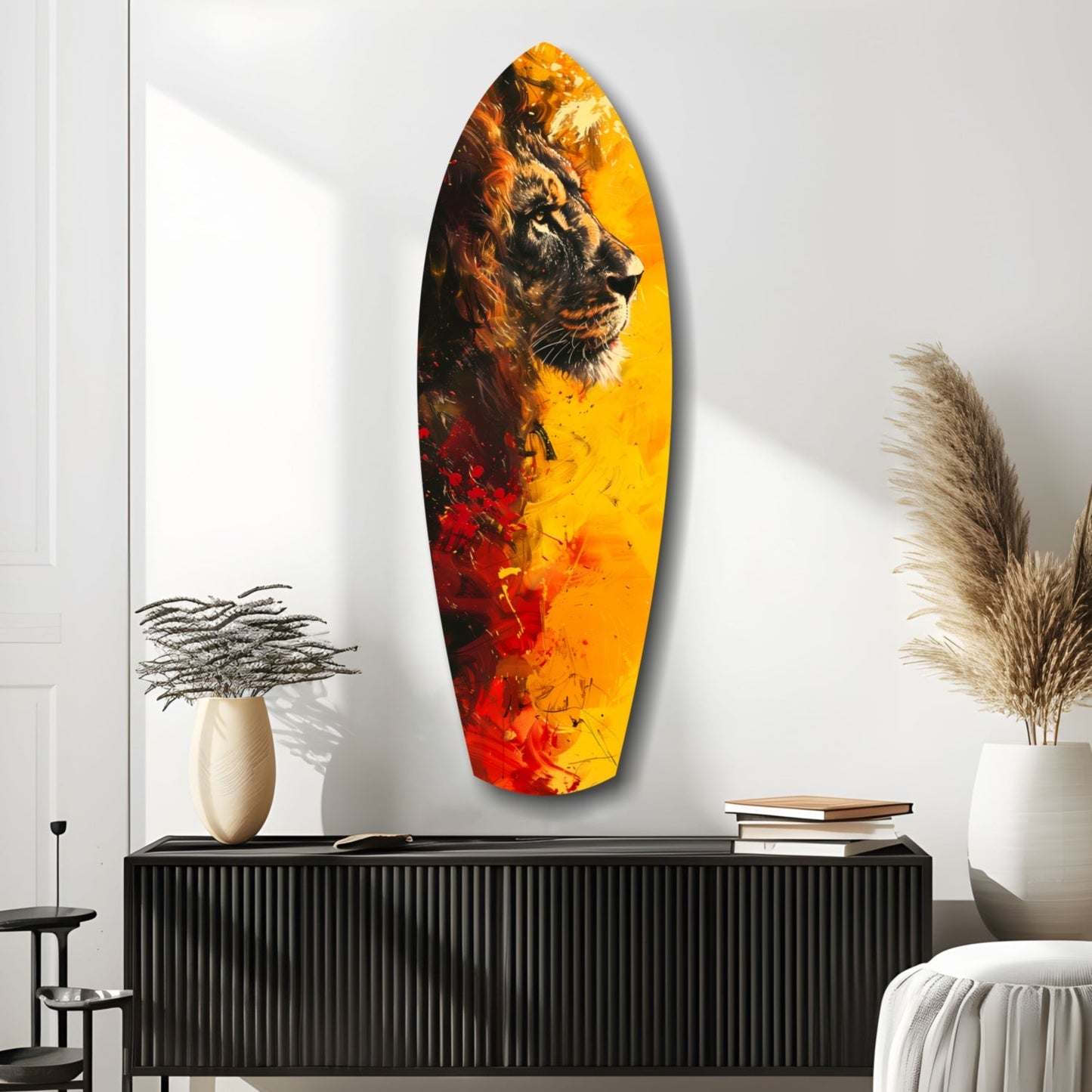Lion Pride V2 glass wall art displayed vertically above black cabinet, featuring lion profile portrait with yellow, orange, and red gradient background.