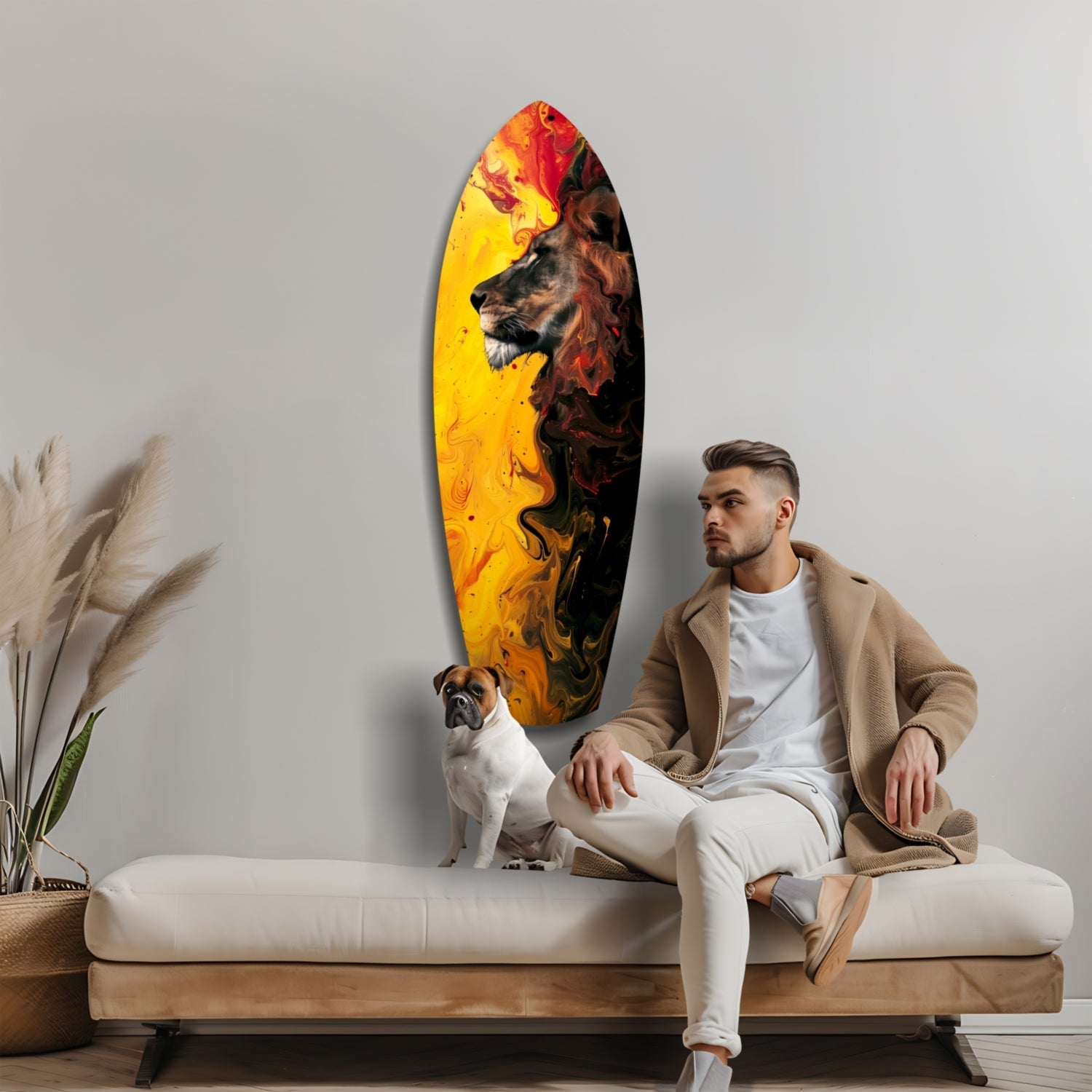 Man sitting on cream bench beside small dog, viewing vertical oval glass wall art featuring lion profile against yellow and red abstract background.