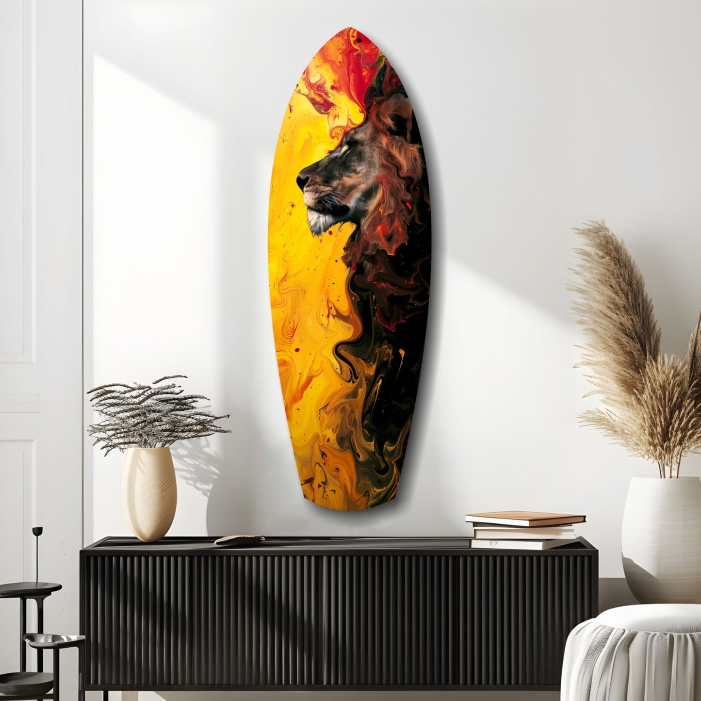 Lion Pride V3 glass wall art displayed on white wall above black console, featuring lion profile in yellow, orange, and red flames.