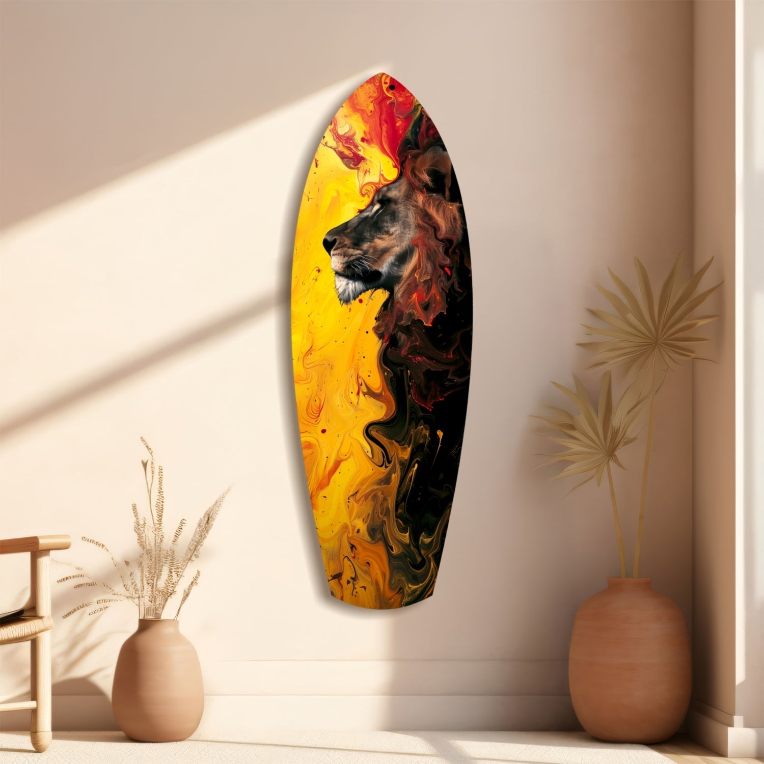 Lion Pride V3 glass wall art displayed on beige wall with yellow, red, and black swirled design featuring lion head portrait.