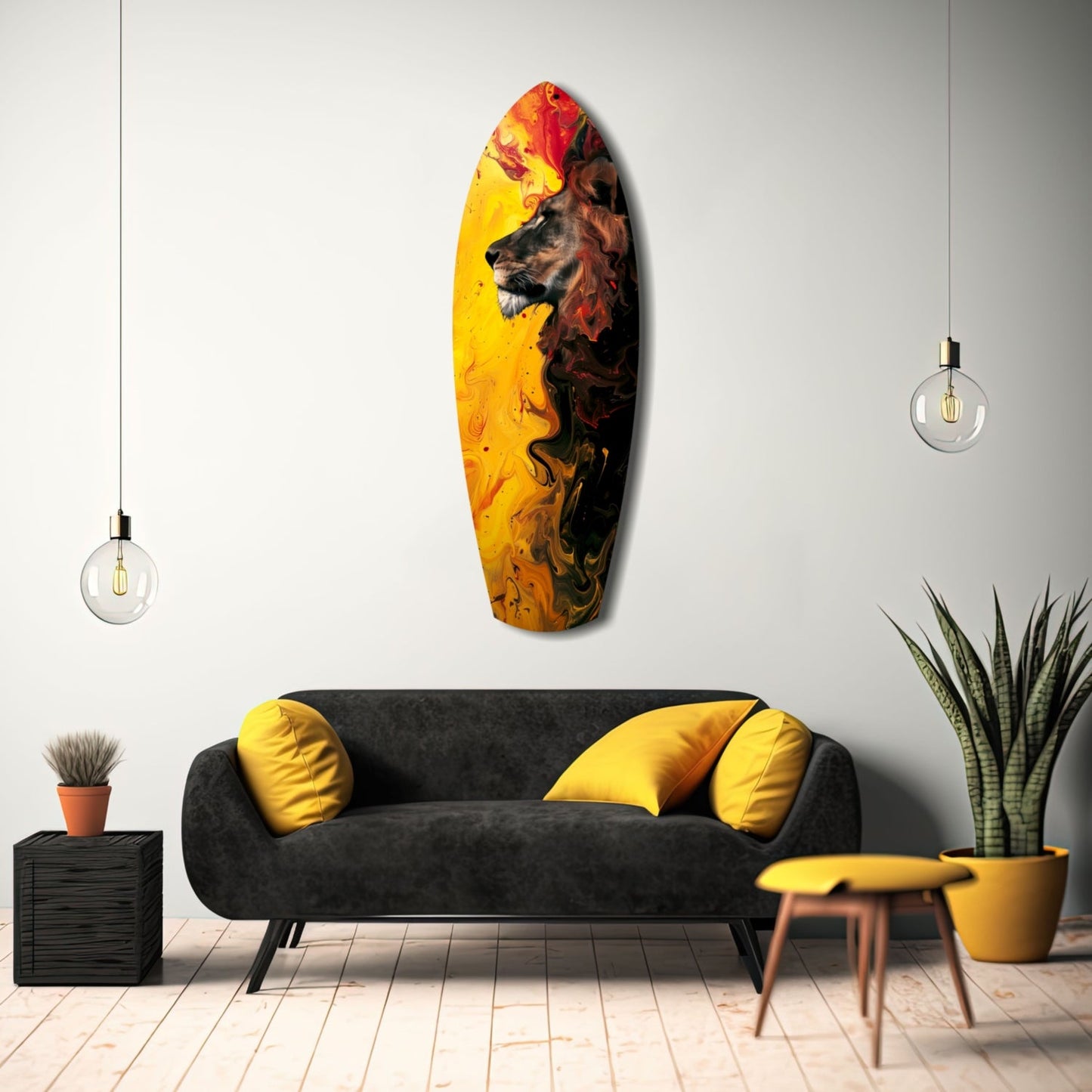 Lion Pride V3 glass wall art displayed above black sofa with yellow cushions in modern living room setting.