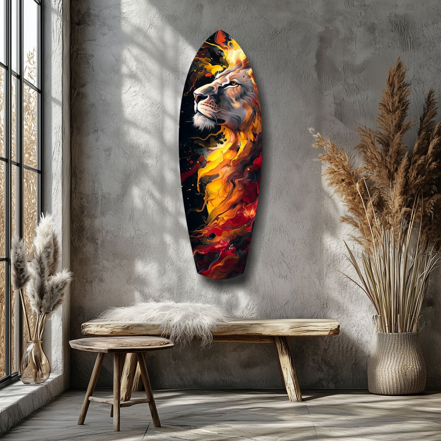 Lion Pride V4 glass wall art with fiery orange and red flames displayed above wooden bench in minimalist interior.