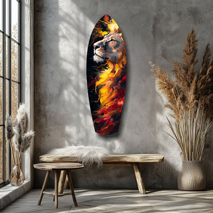 Lion Pride V4 glass wall art with fiery orange and red flames displayed above wooden bench in minimalist interior.