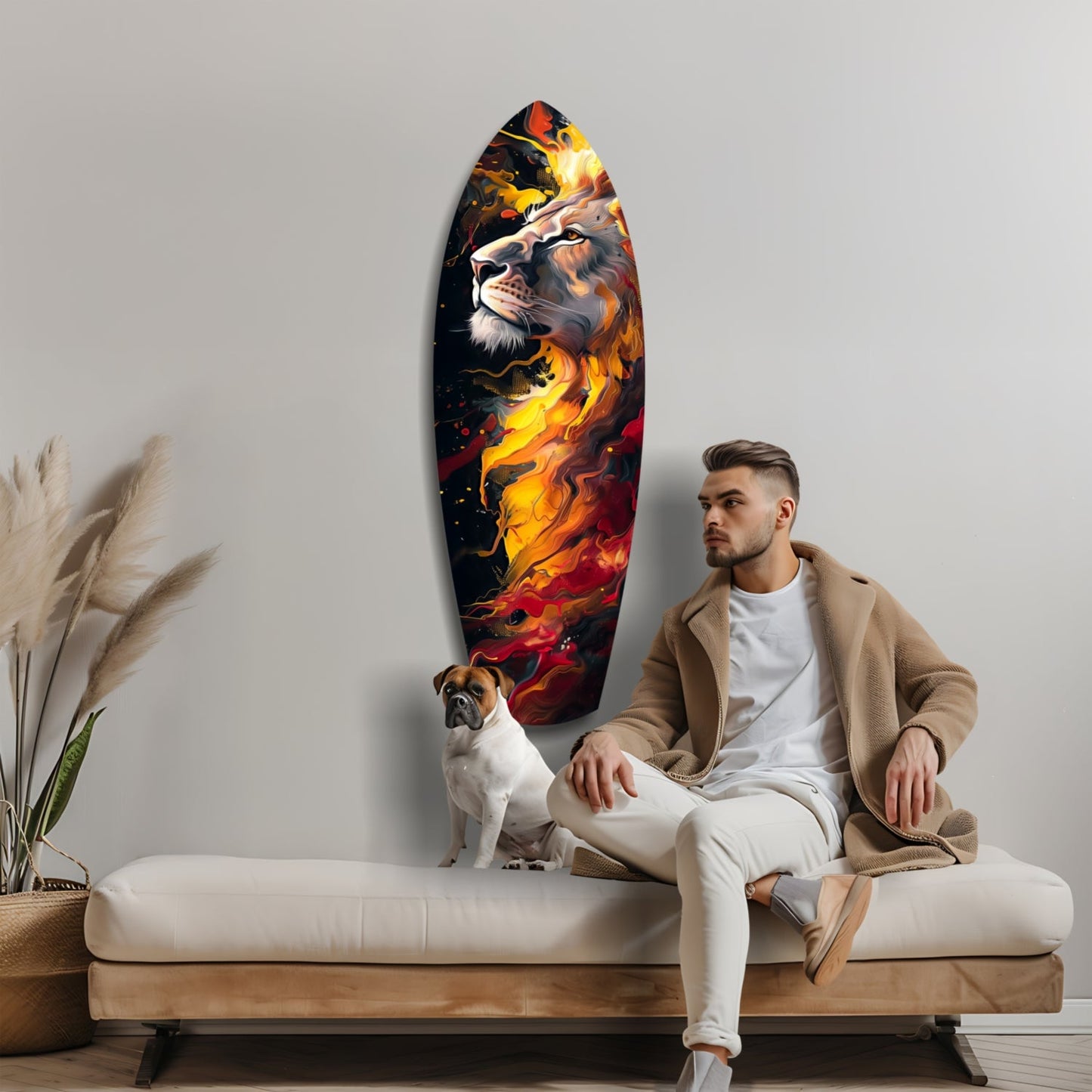 Man and dog sitting on cream bench beside oval glass wall art featuring lion's face surrounded by orange and red flames on black background.