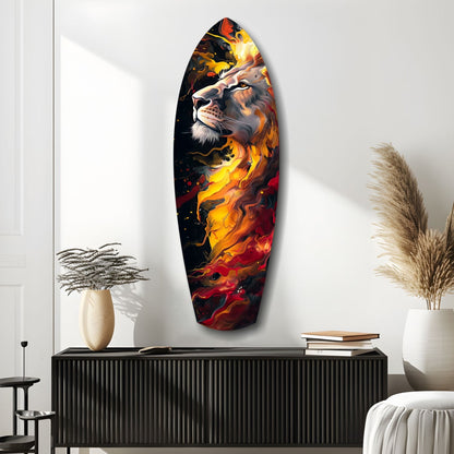 Lion Pride V4 glass wall art displayed on white wall above black cabinet, showing fiery lion head design in orange, yellow, and red flames.