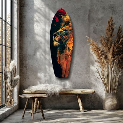 Lion Pride V5 glass wall art mounted on textured gray wall above wooden bench, displaying fiery orange and red lion portrait on black background.