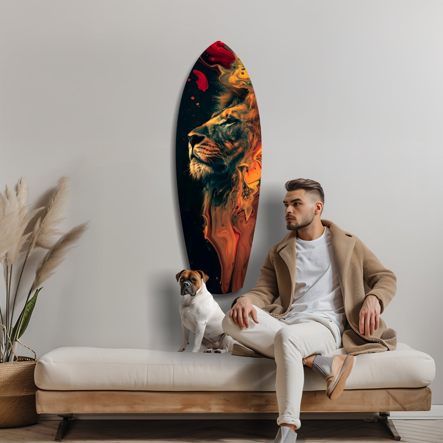 Man and dog seated on couch beside oval glass wall art featuring lion portrait with fiery orange and red gradient on black background.