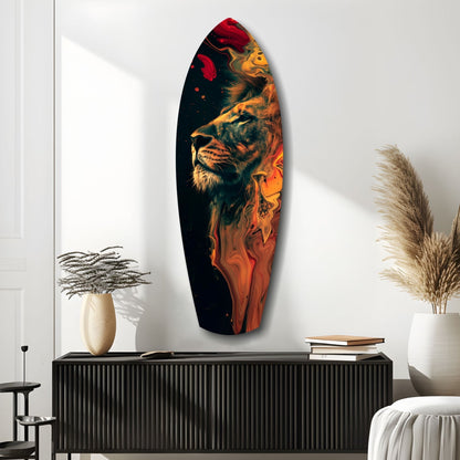 Lion Pride V5 glass wall art featuring a majestic lion's head in gold, orange, and red tones against black background, displayed on white wall above black cabinet.
