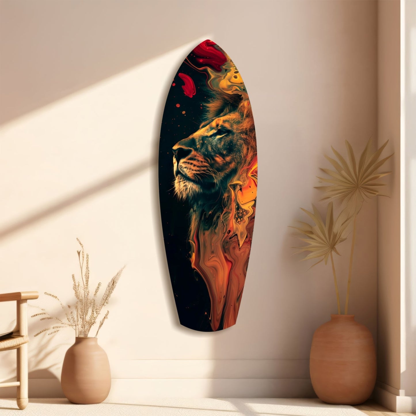 Lion Pride V5 glass wall art displaying a majestic lion's profile in gold and orange flames against black, mounted in a minimalist room with ceramic vases.