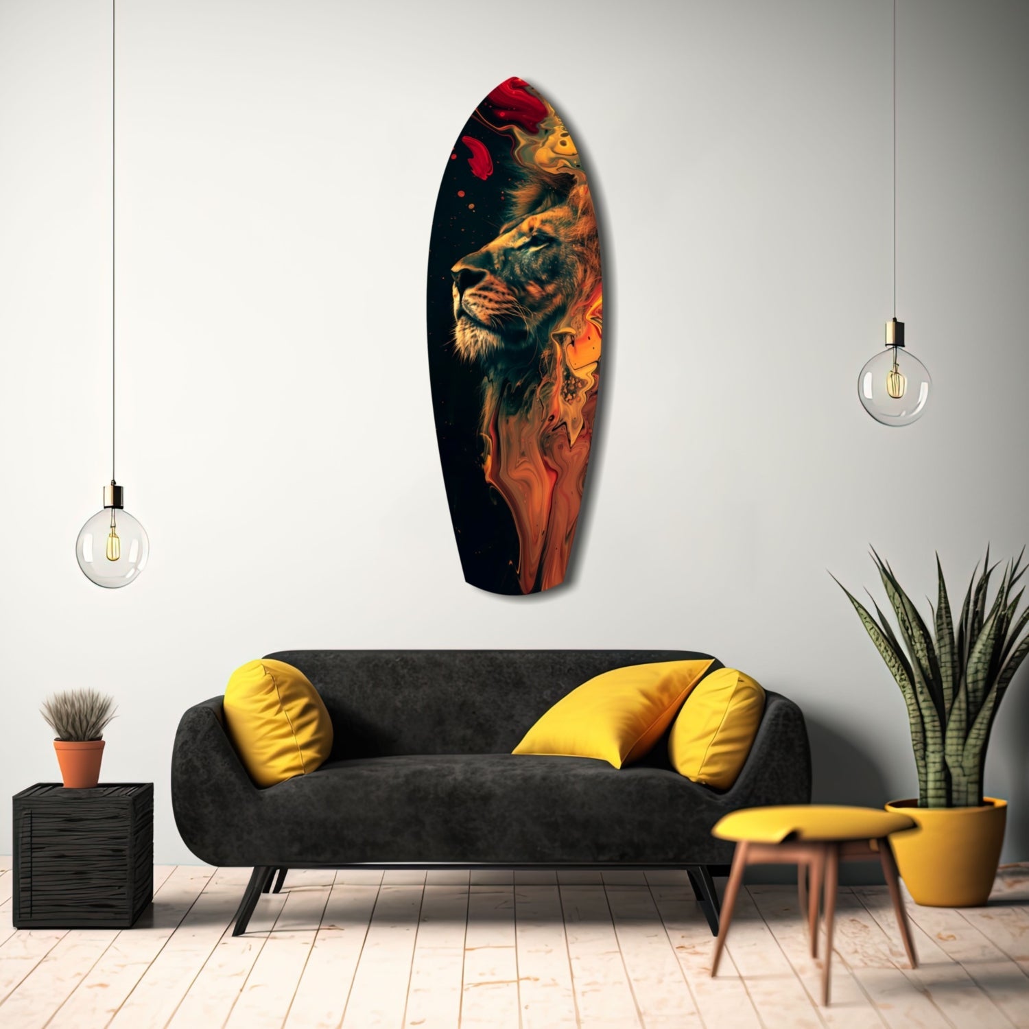 Lion Pride V5 glass wall art displayed above black sofa with yellow pillows in modern living room setting.