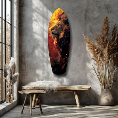 Lion Pride V6 glass wall art displaying golden and red flame-effect lion portrait in minimalist interior with wooden bench and dried pampas grass.
