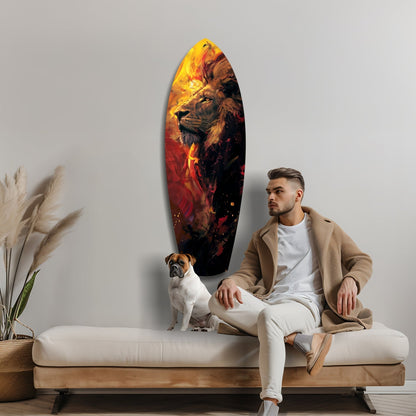 Man seated on bench with dog beside him, viewing oval glass wall art depicting lion's face in flame-inspired oranges and reds.