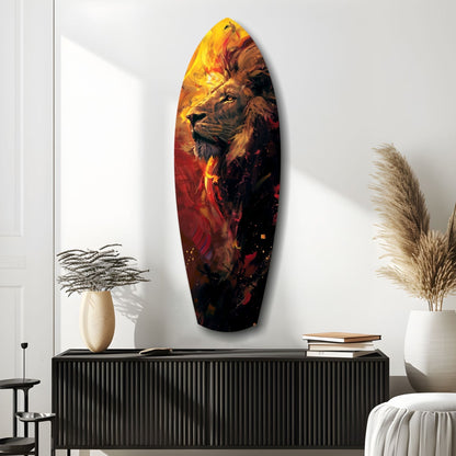 Oval glass wall art depicting a lion's head in golden yellow and fiery red tones, displayed above a black ribbed cabinet.