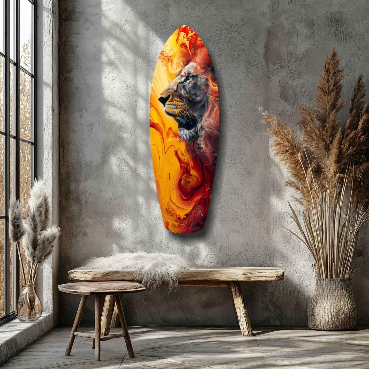 Lion Pride V7 glass wall art in vibrant orange and red flames displayed above wooden bench in minimalist room setting.