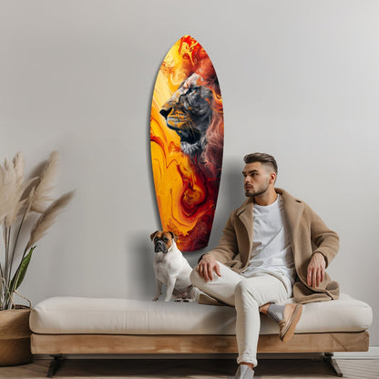Man sitting on cream bench beside small dog, looking at oval glass wall art featuring lion head in orange and red flame design.