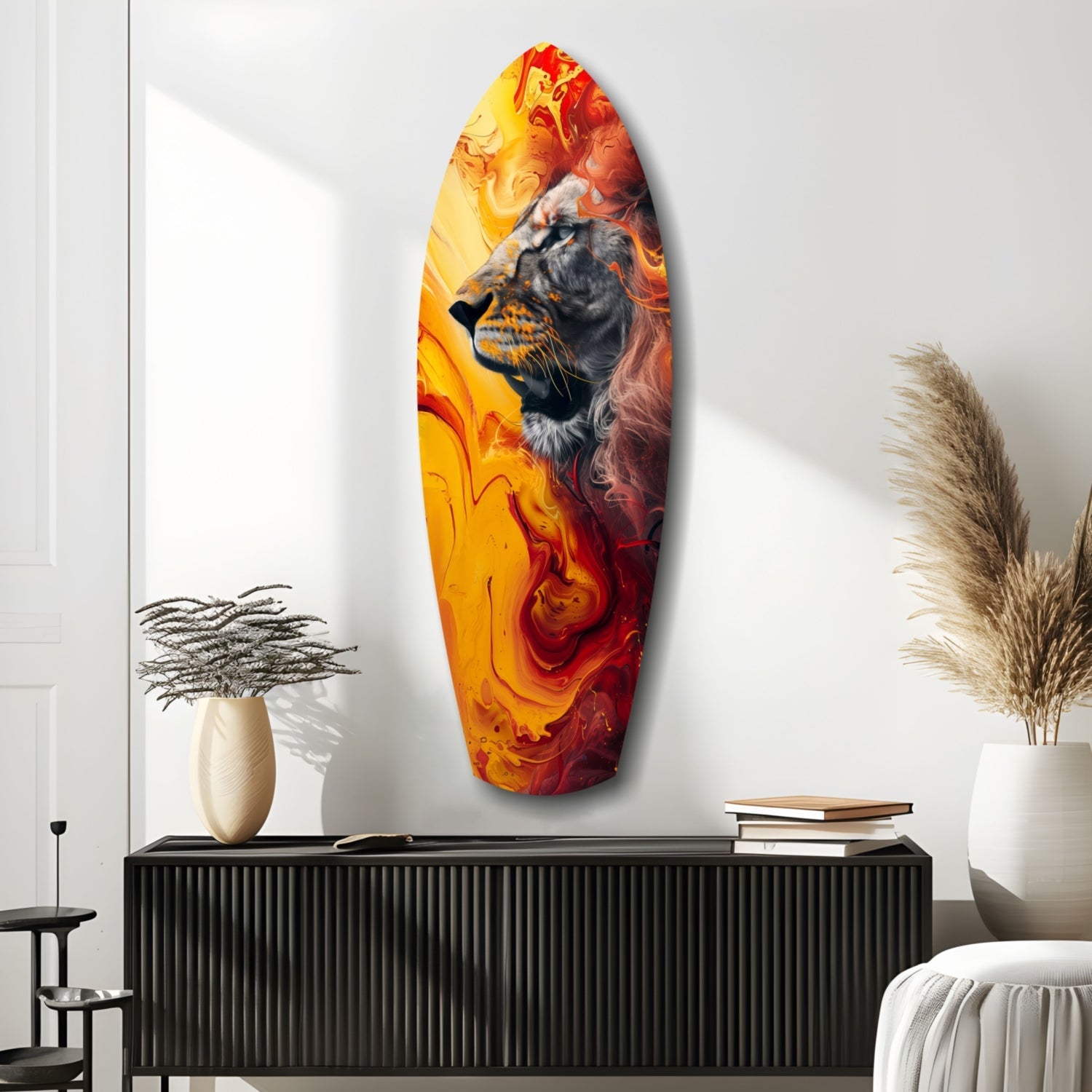 Lion Pride V7 glass wall art displayed on white wall above black credenza, featuring orange and red flame effect with lion's head portrait.