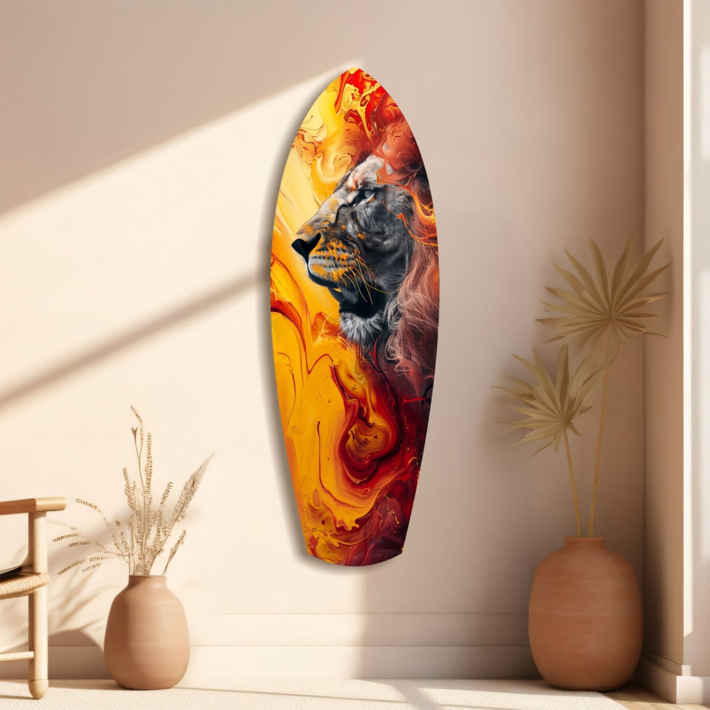 Lion Pride V7 glass wall art mounted vertically displaying fiery orange and red abstract swirls with a lion's head portrait, flanked by decorative ceramic vases.