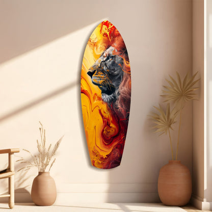 Lion Pride V7 glass wall art mounted vertically displaying fiery orange and red abstract swirls with a lion's head portrait, flanked by decorative ceramic vases.