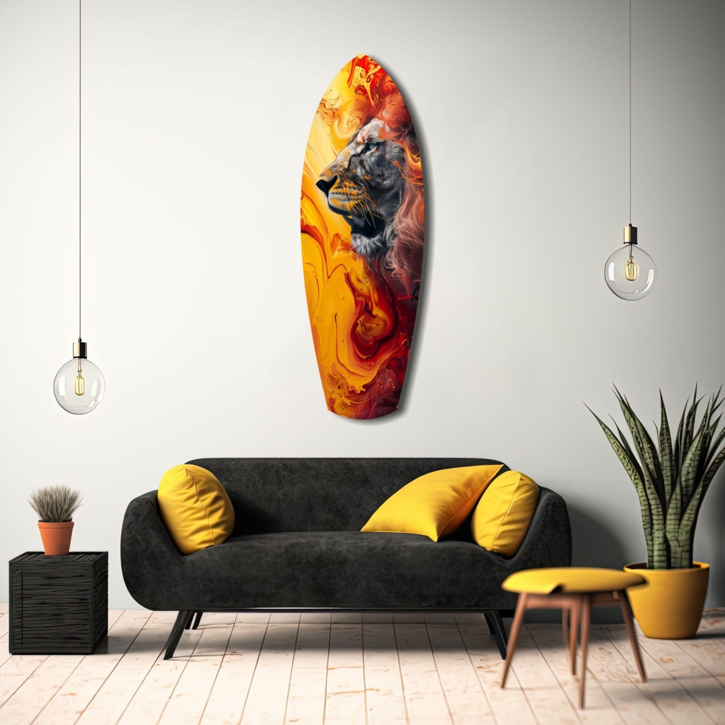 Lion Pride V7 glass wall art displayed above black sofa with yellow cushions in modern living room setting.