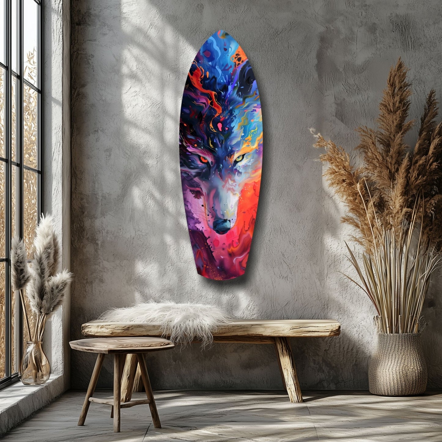Colorful wolf portrait glass art displayed on gray wall above wooden bench in minimalist interior with pampas grass.