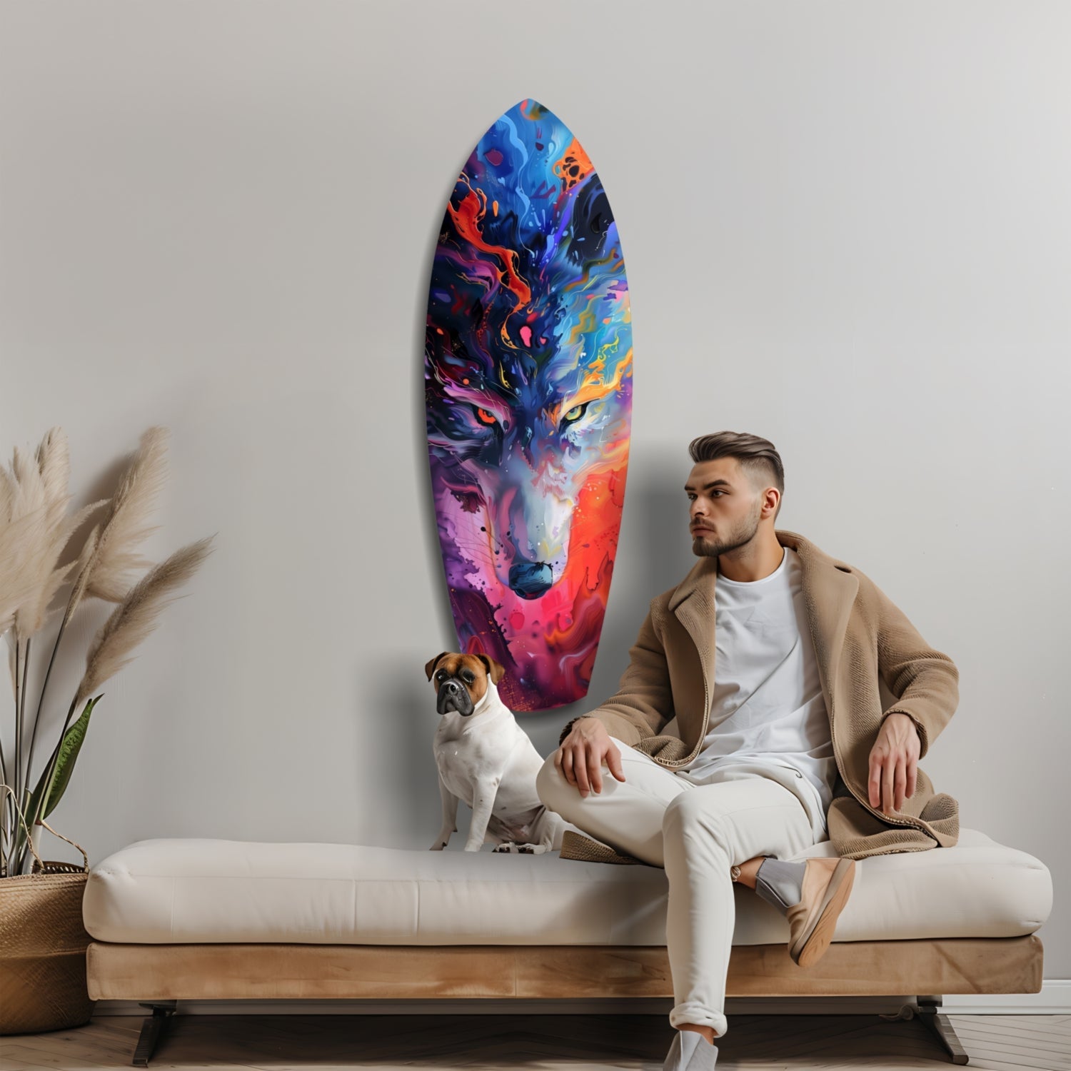 Man and dog sitting on bench beneath colorful abstract wolf head glass wall art in modern interior setting.