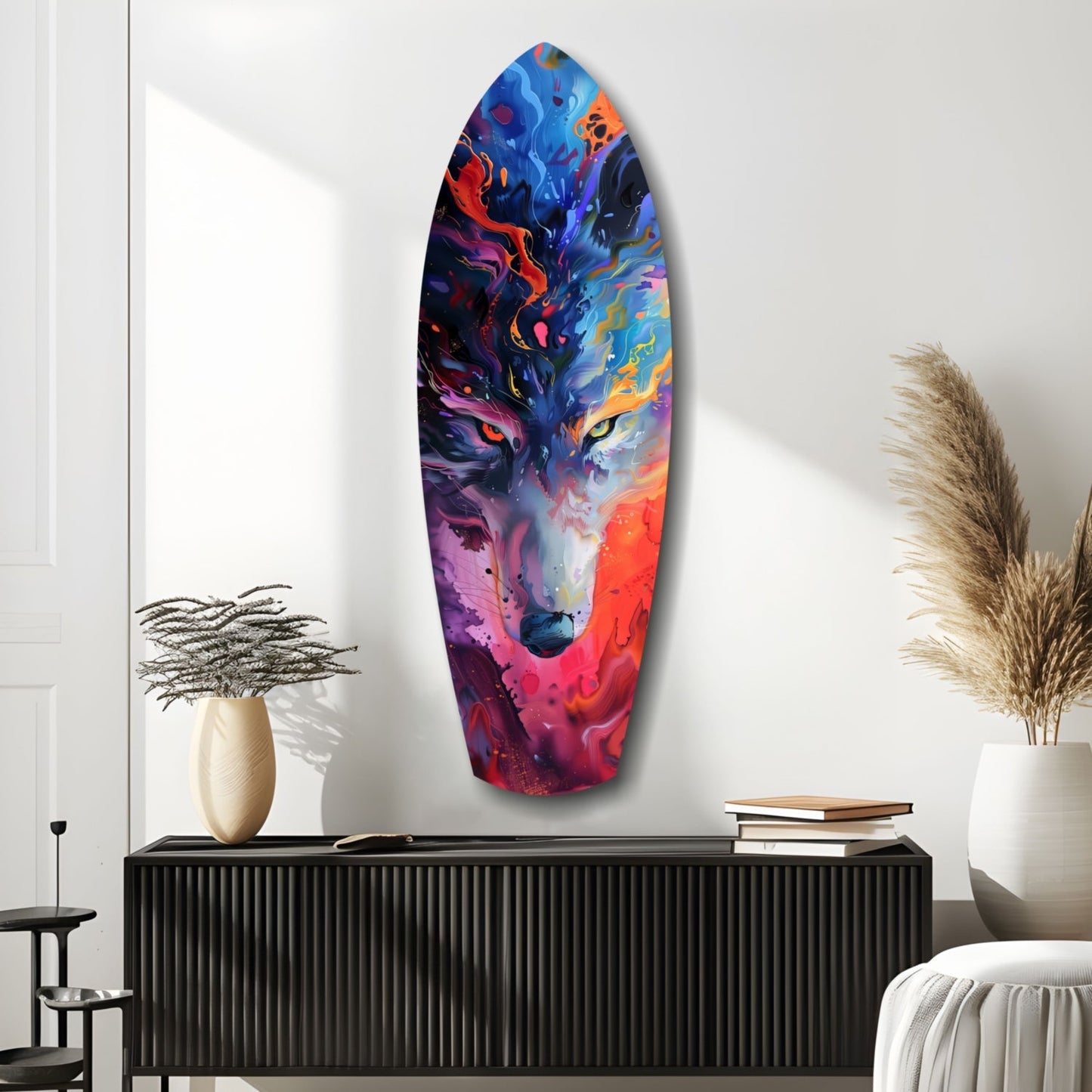 Colorful abstract glass wall art featuring a wolf's face in vibrant blue, red, purple, and orange hues displayed above a black cabinet.