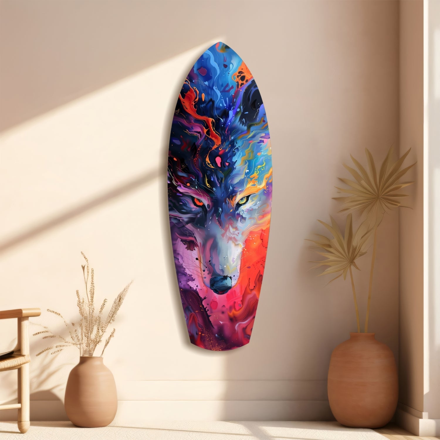 Colorful abstract wolf head glass wall art in vibrant blues, reds, and purples displayed on a beige wall between decorative vases.