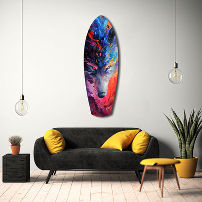 Colorful glass wall art depicting an abstract wolf head in vibrant blues, reds, and purples, displayed above a black sofa with yellow pillows in a modern living room setting.