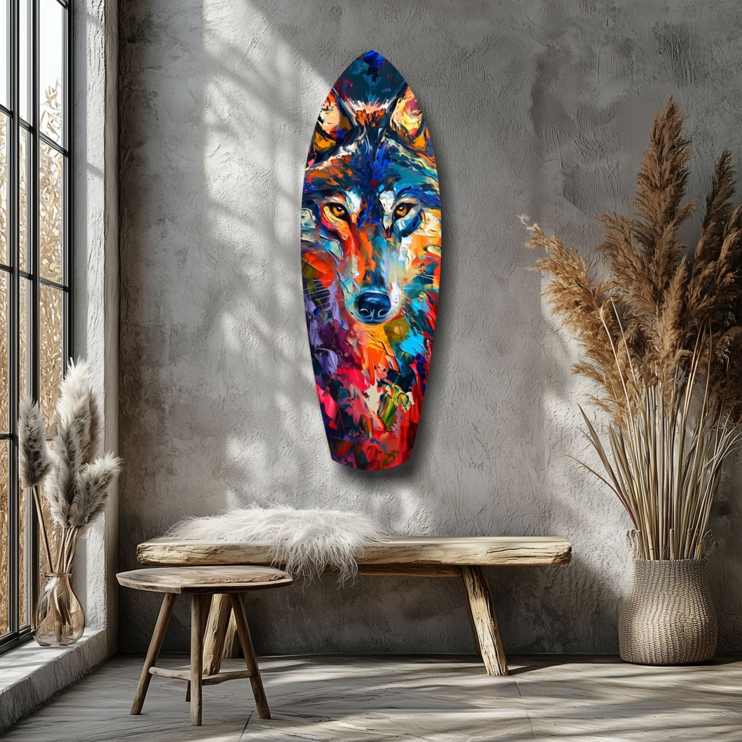 Colorful glass wolf art hanging on gray wall above wooden bench in minimalist interior with pampas grass.