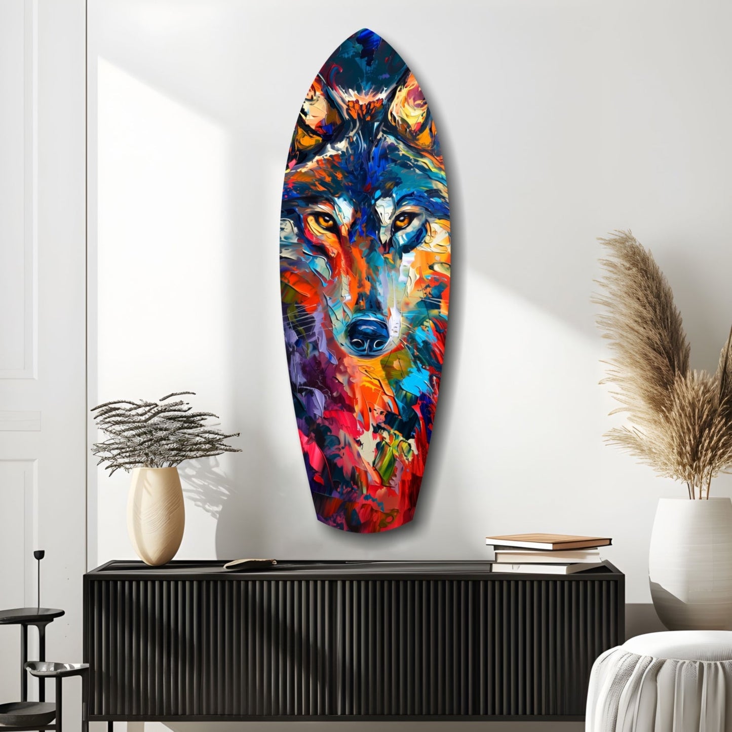 Colorful abstract wolf portrait glass art hanging on white wall above black cabinet with decorative vases and books.