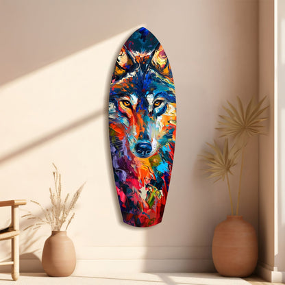 Colorful glass wall art depicting a vibrant multi-colored wolf head displayed on a beige wall beside decorative vases.