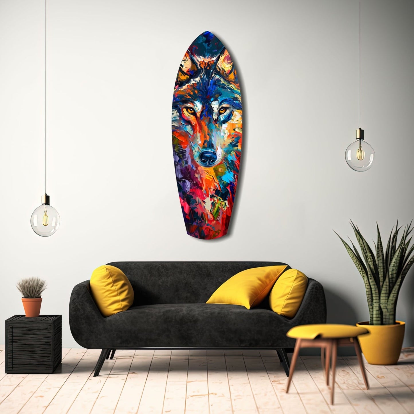 Colorful wolf head glass wall art displayed above black sofa with yellow cushions in modern living room setting.