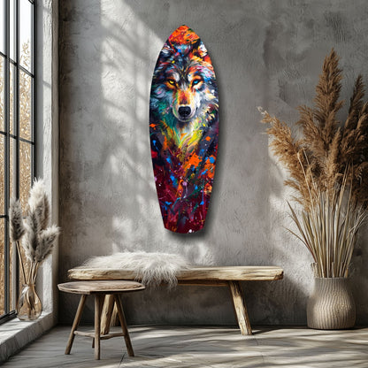 Colorful abstract wolf head glass art displayed on gray wall above wooden bench in minimalist interior setting.
