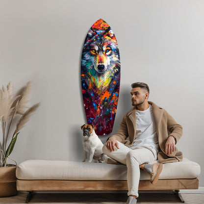 Man sitting on beige sofa beside boxer dog, colorful abstract wolf glass art on wall behind them.