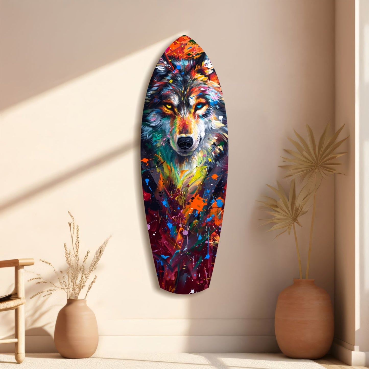 Colorful wolf head glass wall art displayed vertically on beige wall between decorative vases with dried grasses.