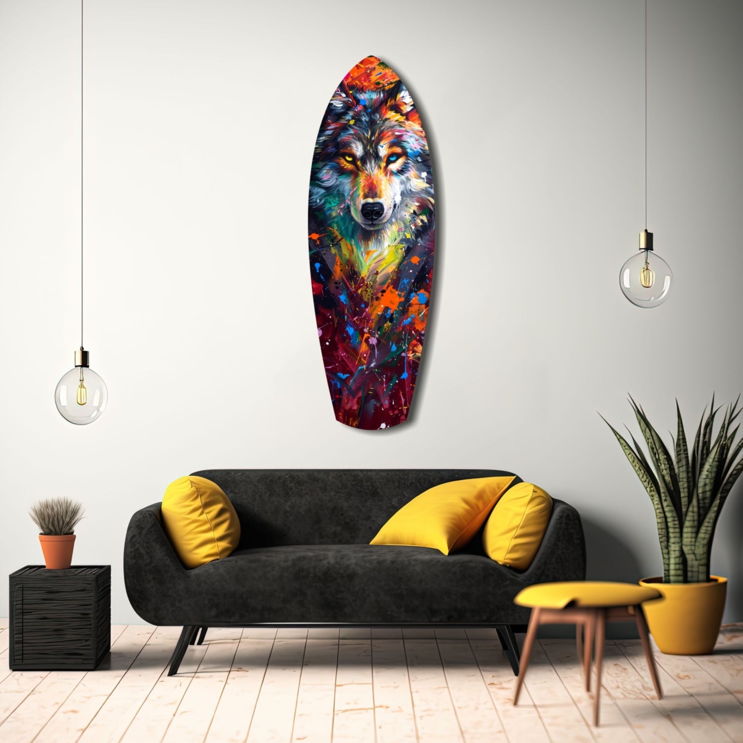 Colorful wolf head glass art hanging above black sofa with yellow pillows in modern living room setting.