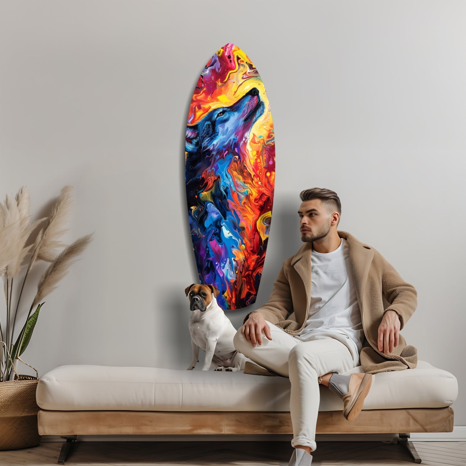 Man in beige cardigan sitting on white bench beside dog, vibrant multicolored glass surfboard art mounted on wall behind.