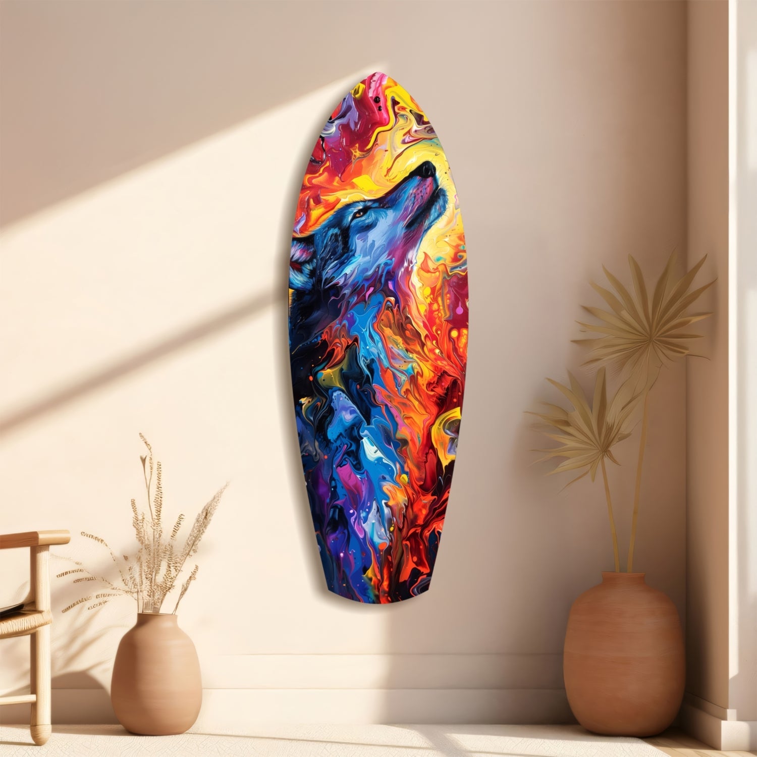 Colorful abstract glass wall art with vibrant swirling patterns of blue, red, yellow, and purple displayed in a minimalist beige room with potted plants.