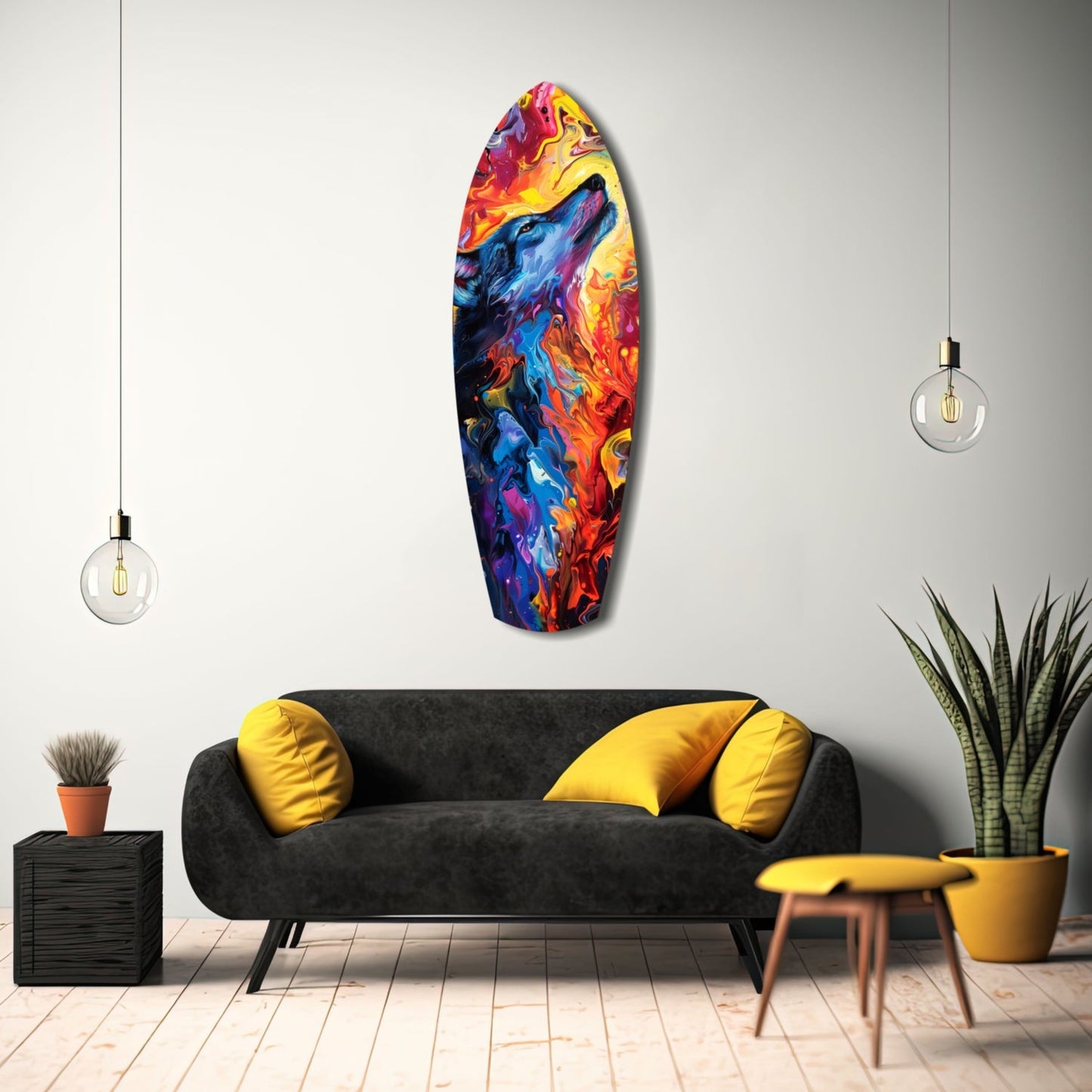 Colorful glass wall art featuring a blue wolf's head surrounded by vibrant red, yellow, and purple flames, displayed above a black sofa with yellow pillows.