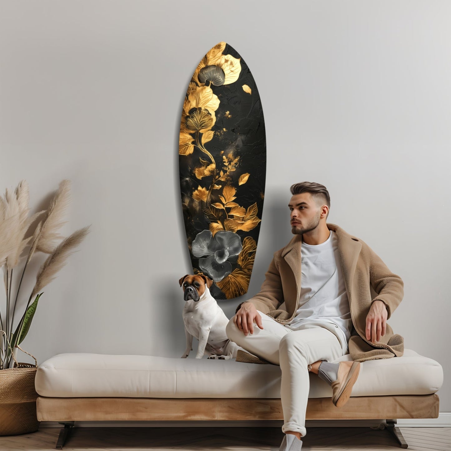Gold Leaf Floral Surfboard Panel Glass Wall Art