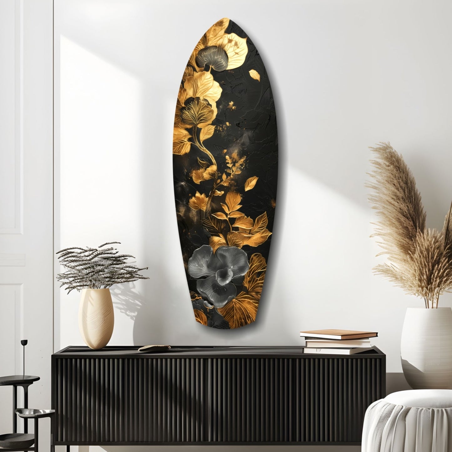Gold Leaf Floral Surfboard Panel Glass Wall Art