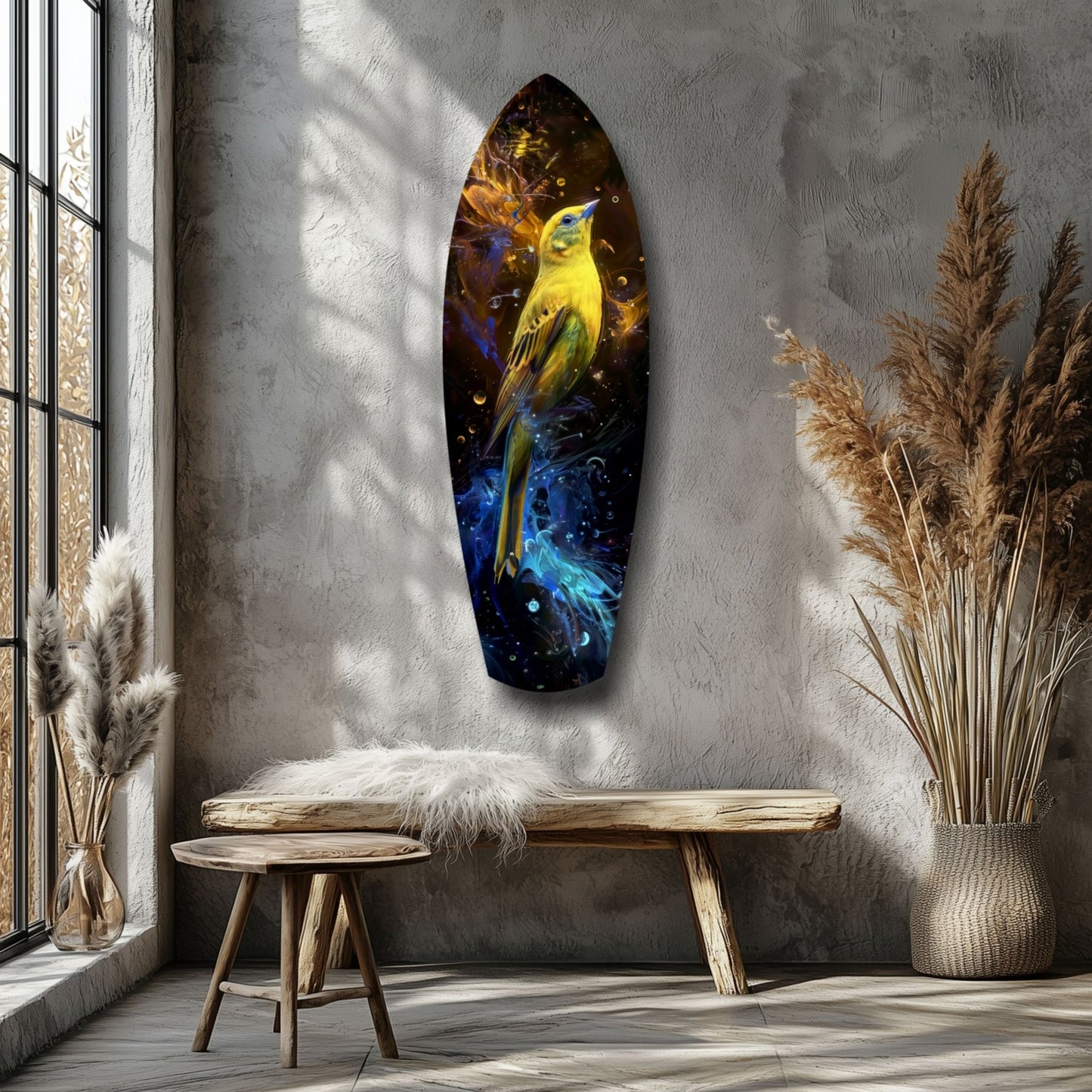Yellow bird glass wall art with blue and gold cosmic background displayed on gray wall above wooden bench in minimalist room setting.