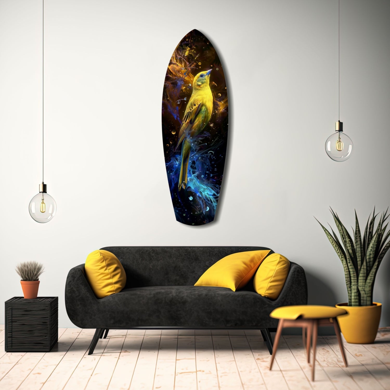Yellow bird glass wall art displayed above black sofa with yellow pillows in modern living room setting.