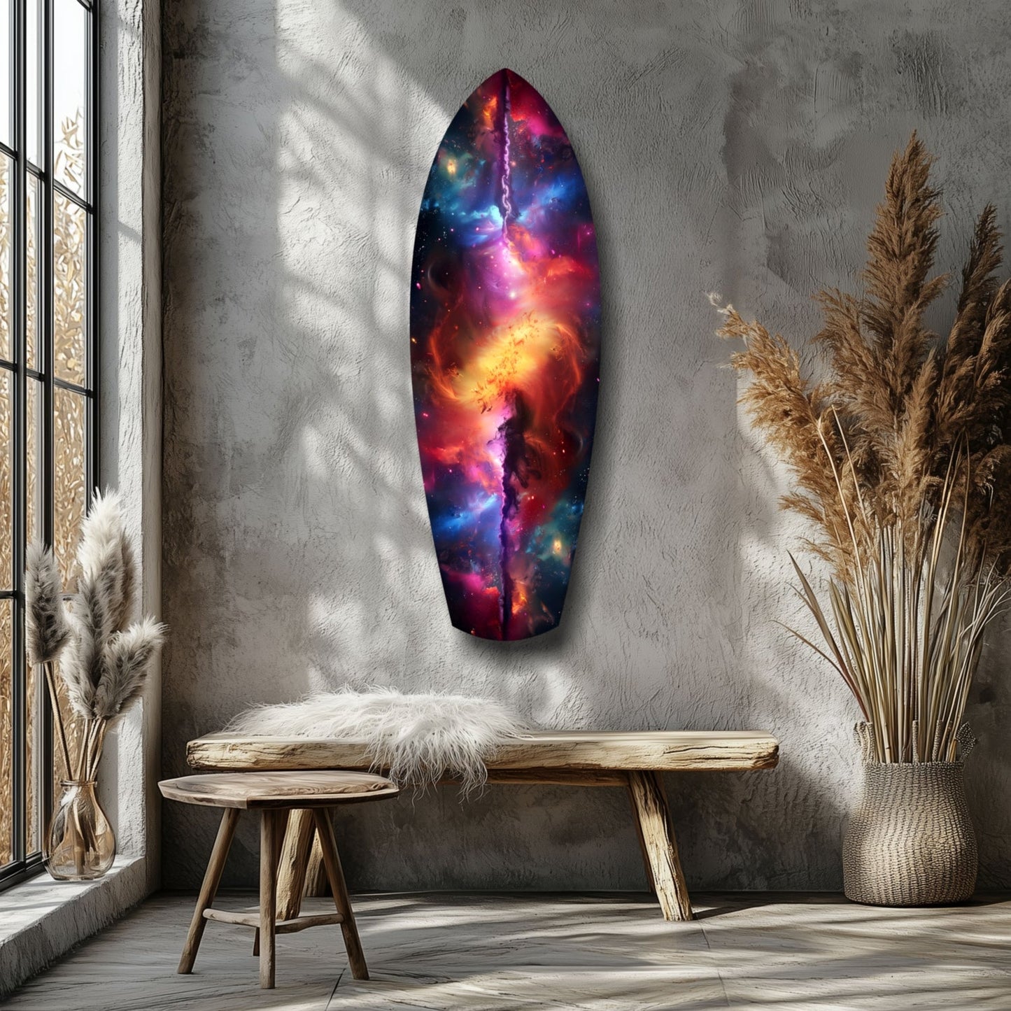 Safrane Space Glass Wall Art displayed on a gray textured wall above a wooden bench, featuring vibrant cosmic nebula colors in red, orange, blue, and purple.