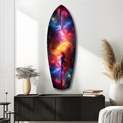 Safrane Space Glass Wall Art displayed on white wall above black cabinet, featuring vibrant galaxy design with orange, pink, blue, and purple nebula colors in elongated oval shape.