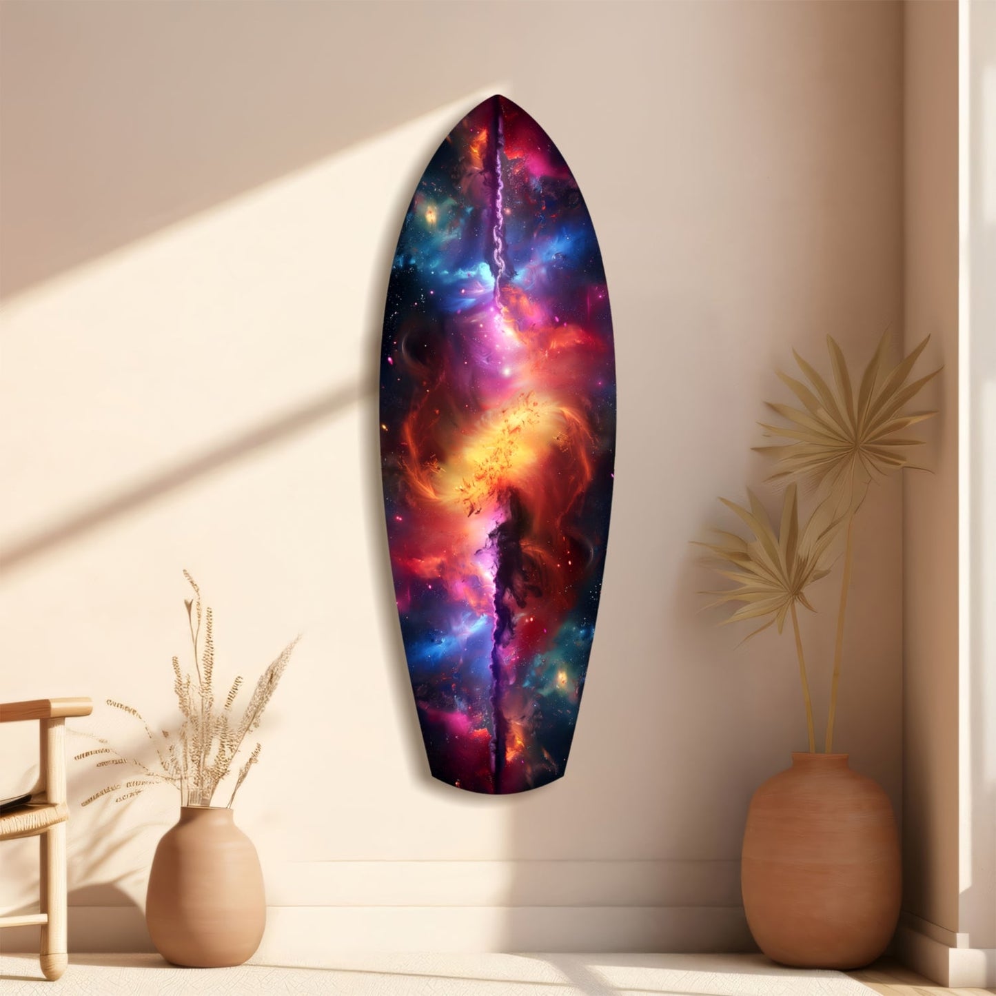 Elongated oval galaxy glass wall art displaying vibrant nebula colors of orange, pink, blue, and purple, mounted on beige wall beside ceramic vases with dried grasses.