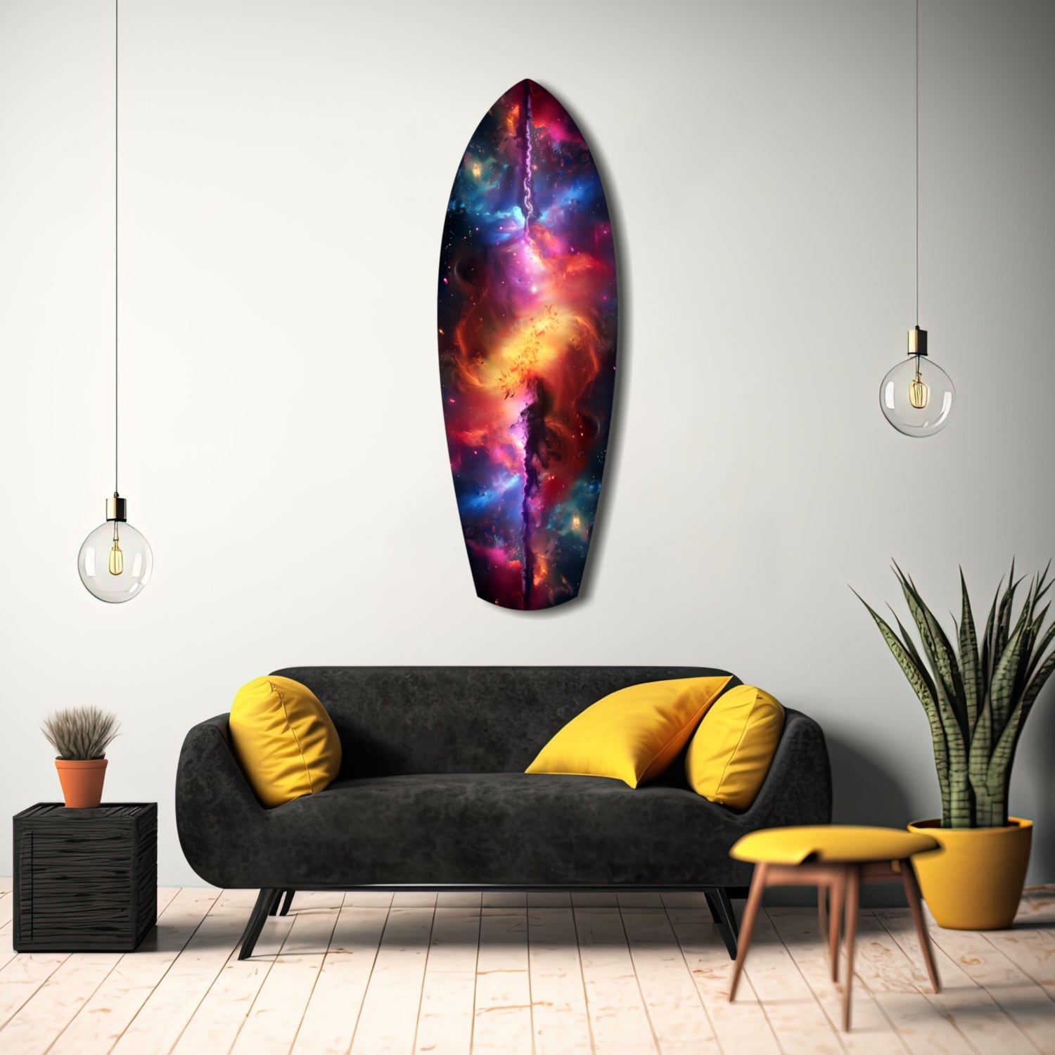 Safrane Space Glass Wall Art displayed above a black sofa with yellow pillows in a modern living room interior.